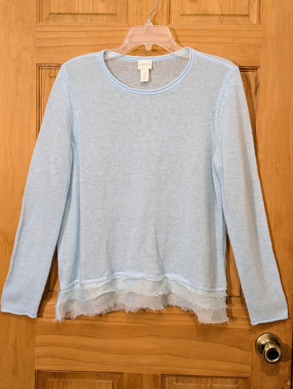 Chico's Tina Sweater Chiffon Tiered Hem Aqua Blue Resort Vacation Sz 2 US LG/12